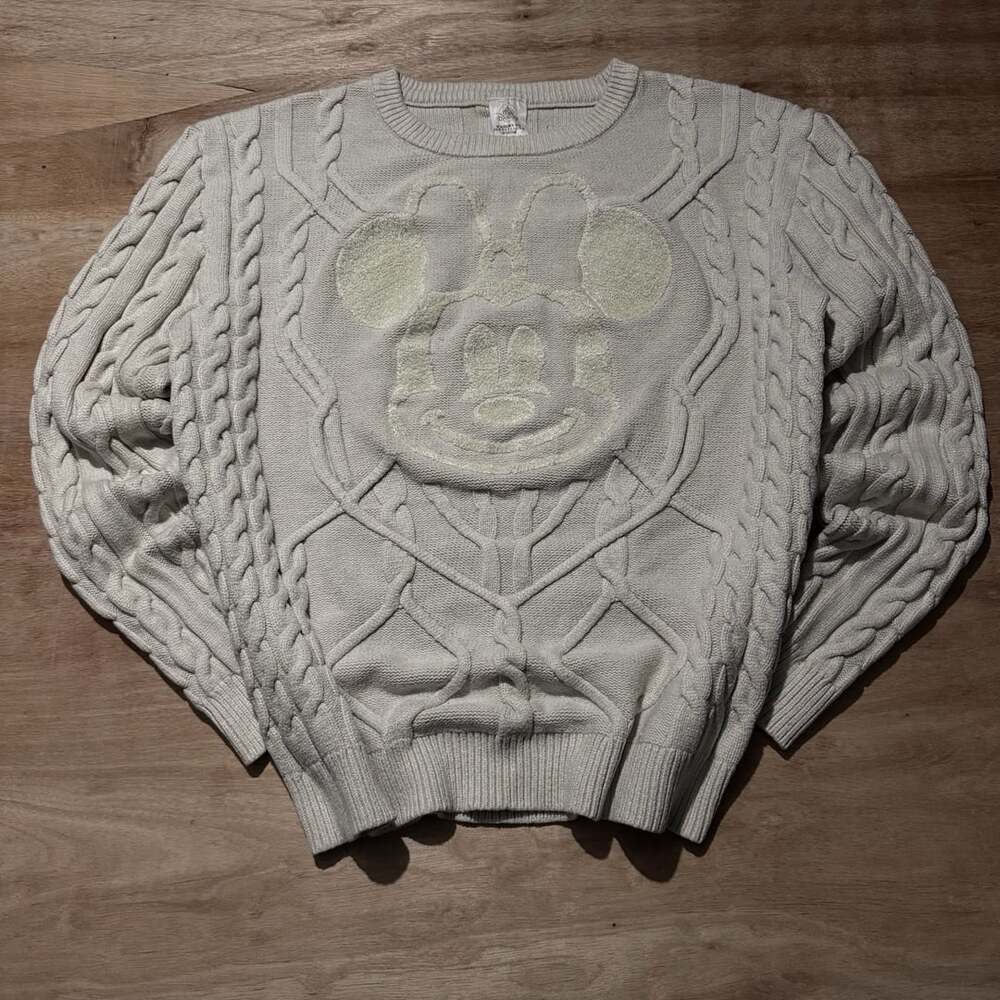 Disney Mickey Mouse Cable Knit Sweater XL Cream Textured Chunky Knit